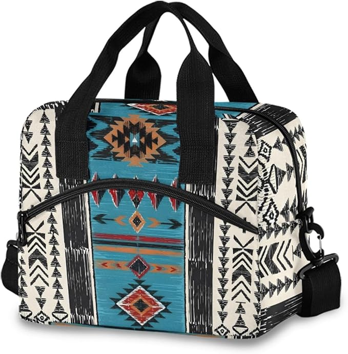 Western Aztec Insulated Lunch Bag Indian Tribal Lunch Box Reusable Lunch Tote Bag for Women Men Adult Cooler Bag with Adjustable Shoulder Strap Leakproof for Work School Picnic