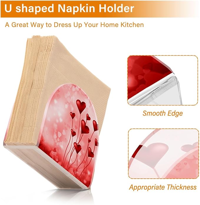 Valentine's Day Pink Hearts Napkin Holder for Tables Paper Cocktail Napkin Holders for Kitchen and Dinning, Acrylic Dinner Napkin Dispenser for Restaurant Home Decor Bar Accessories 2 Pack