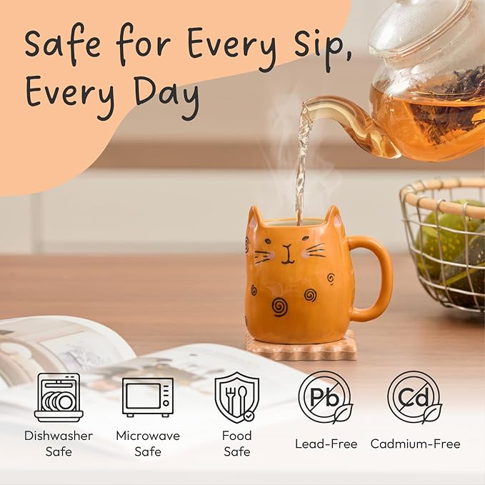 Bico Cartoon Cat Coffee Mugs Set of 4, Cute Ceramic Mugs with Unique Cats Faces, Stoneware Coffee Tea Mug Gifts for Cat Lovers, Women and Men, Microwave and Dishwasher Safe (10 oz)