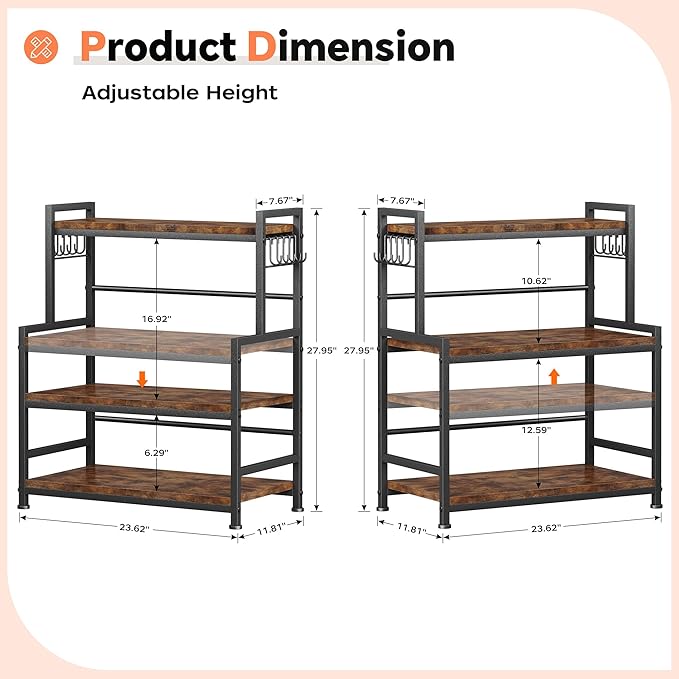 23.6"W Large Kitchen Countertop Organizer,3 Tier Spice Rack Organizer with Adjustable Shelf and 10 Hooks,Wooden Counter Organizer,Space Saving Countertop Shelf Microwave Stand for Kitchen,Coffee Bar