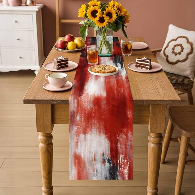 Retro Black Red Table Runners 70 Inches Long, Cotton Linen Fabric Table Runner Dresser Scarf, Abstract Bohemia Minimalist Aesthetic Art Tablerunner for Party/Kitchen/Dinner/Wedding Decor 13"x70"