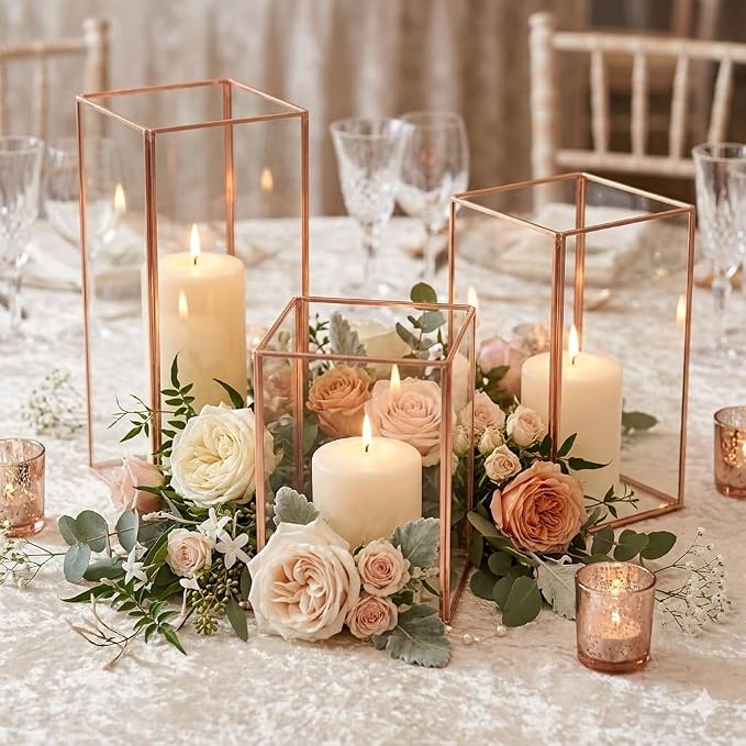 Koyal Wholesale 3PC Copper Candle Holder Lantern, Geometric Hurricane Candle Holder for Wedding Centerpieces, Table Decorations, Copper Lantern Decor for Events, Parties, and Home Centerpiece Display