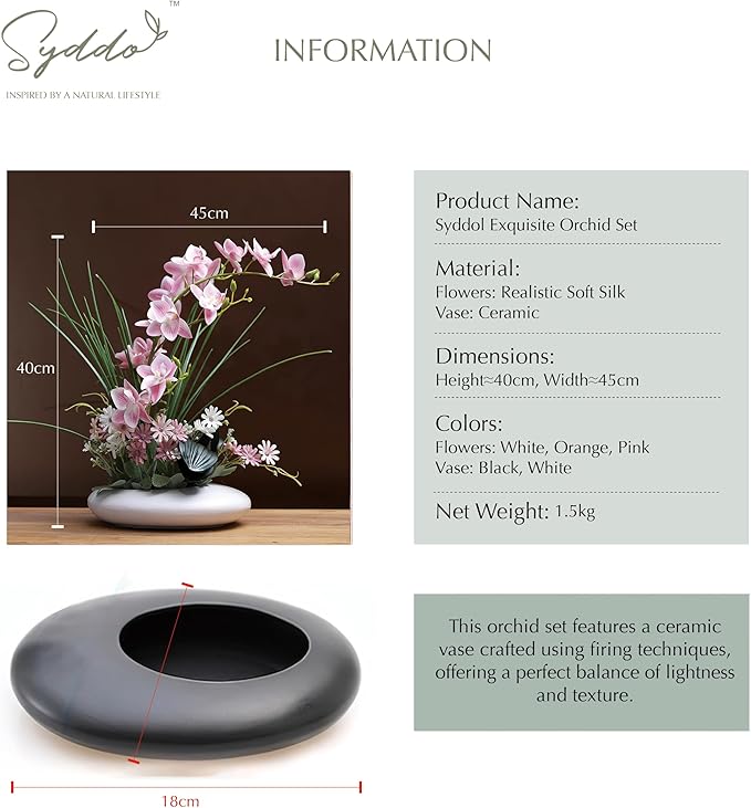 SYDDOL 17" Artificial Orchids in Ceramic Pot - Realistic Silk Flowers with Vase for Home Decor (Pink + White)