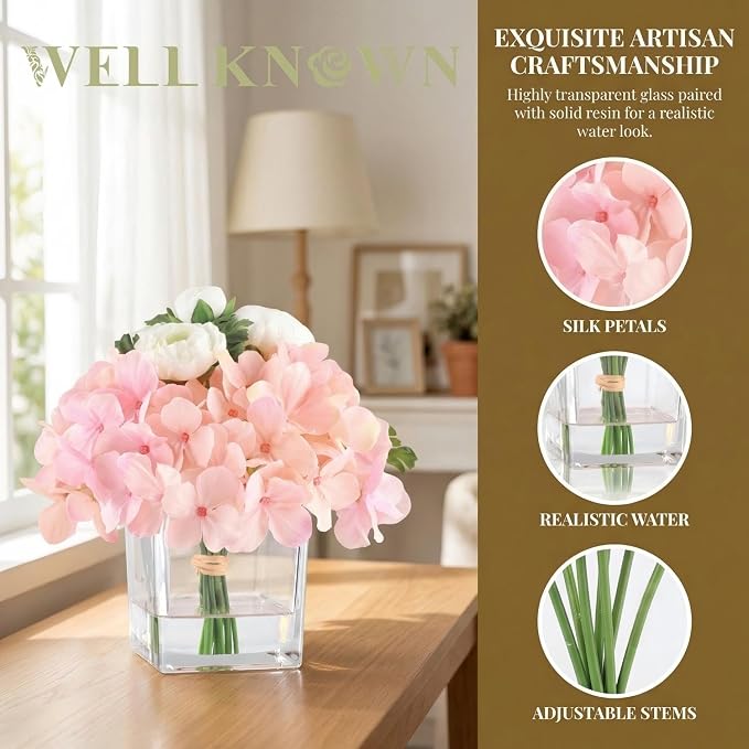 WELL KNOWN Artificial Hydrangea and Ranunculus Flowers in Vase with Faux Water, Silk Spring Pink Flower Arrangement Centerpiece for Home Dining Table Office Wedding Decor & Mom's Gift