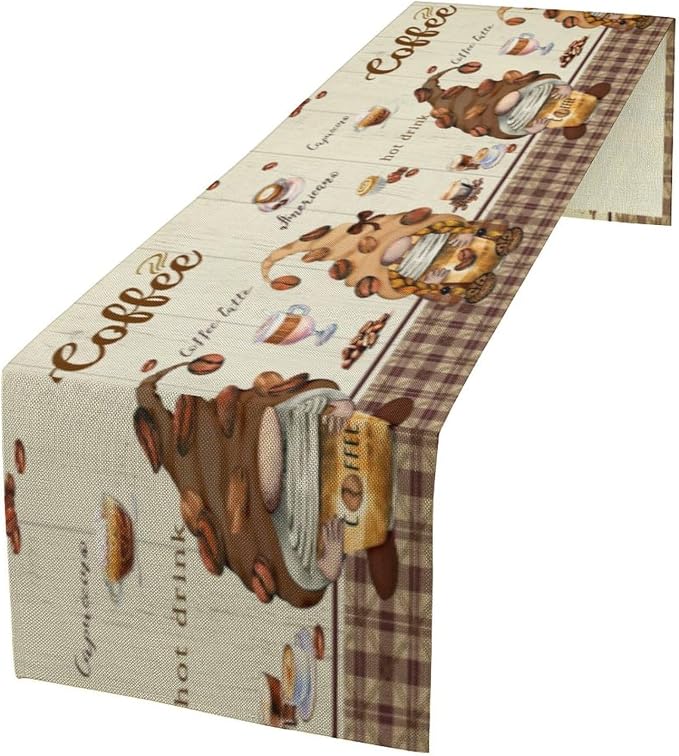 Coffee Gnome Table Runner, Vintage Rustic Cute Coffee Biscuit Cake Dessert Drinks Chef Table Decor Table Top Dining Kitchen Wedding Party 13x36 in