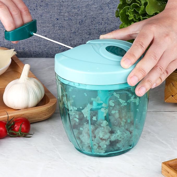 Ourokhome Manual Food Processor Vegetable Chopper, Portable Hand Pull String Garlic Mincer Onion Cutter for Veggies, Ginger, Fruits, Nuts, Herbs, etc., 900ml, Blue