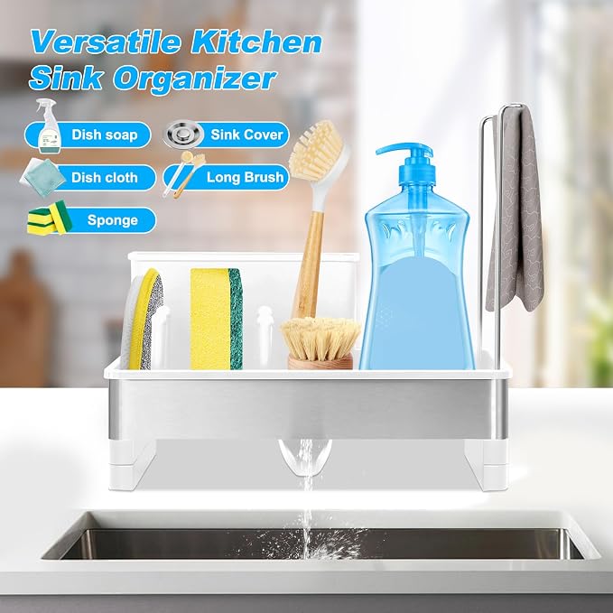 Kitchen Sink Caddy,Sponge Holder for Kitchen Sink with Dish Brush Holder, Auto Drain Tray, Sponge Drain Rack,Stainless Steel Sink Organizer Countertop，Sponge Soap(White)