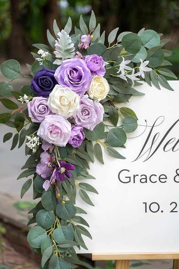 Olalaka Faux Flower Swag Set of 2 for Wedding Welcome Signs Floral Decorations, Purple Wedding Arch Flowers for Wedding Ceremony (Lilac & Purple & Cream)