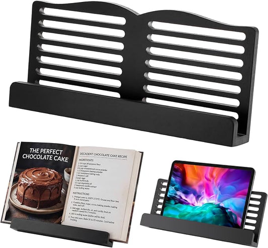Hushee Black Book Cookbook Stand for Kitchen Counter Solid Wood Recipe Holder Portable Cook Recipes Stand Modern Countertop Book Holder Rack for Recipes Tablets Housewarming Gift, 18.7x8.7 Inch