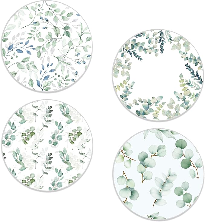 Drinks Coasters Set of 4, Green Plants Sage Round 4" Cup Coasters, Absorbent Ceramic Stone Coasters with Cork Base, Cute Coasters for Table Home Décor, Ideal Gifts for Women Men
