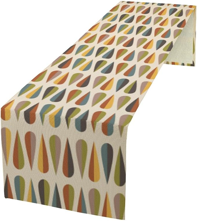 Mid Century Modern Table Runner, Abstract Geometric Drop Shapes Pattern Style Table Runner Country Farmhouse Cottage Linen Table Decoration for Home Kitchen Dining,13x120 Inch