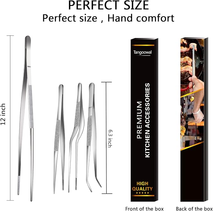 Professional Fine Cooking Tweezer Tongs,High-Precision Stainless Steel Kitchen Tweezers Tongs - 1pcs 12" and 3pcs 6.3"