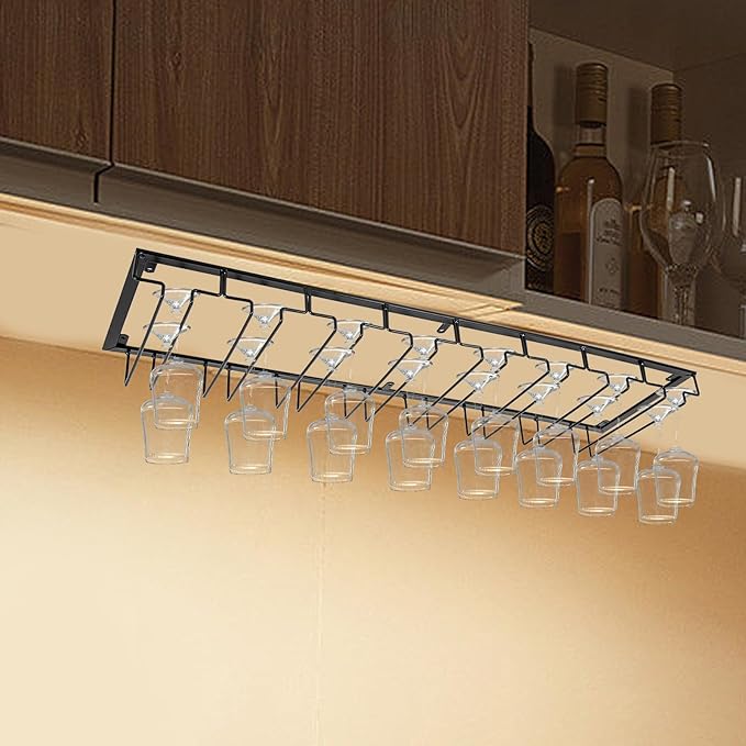 16 Wine Glasses Rack Holder Hanging Metal Storage Shelf Wall-Mounted Cup Holder Upside Down Hanging Under Cabinet Wine Glass Iron Holder Rack For Bar Kitchen (Black)