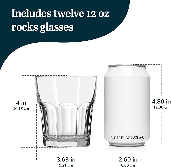 Libbey Gibraltar DuraTuff Double Old Fashioned Glass Set of 12, 12 Oz Durable Restaurant Style Whiskey Glasses, Drinkware Set for Home, Bars, Gifting