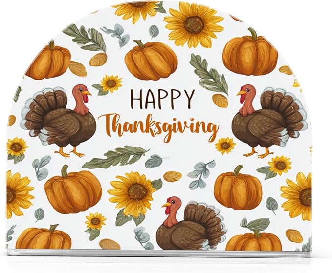 Napkin Holder Acrylic Napkin Holder for Table Kitchen Party Restaurant U Shaped Upright Napkin Dispenser Organizer Thanksgiving Turkeys Sunflowers White