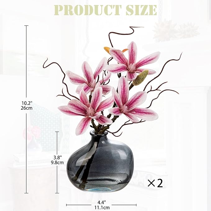 Briful 2PACK Artificial Magnolia Flowers with Grey Glass Vase, Small Faux Magnolia Arrangement Realistic Silk Flowers for Elegant Home Table Shelf Bathroom Decor, Pink