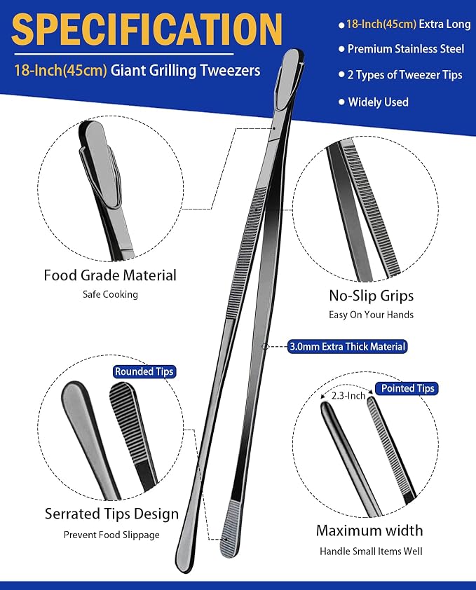 JETKONG 2 Pcs 18 Inch (45cm) Stainless Steel Grill Tongs Heavy Duty Giant Tweezer Tongs, Extra Large Tweezers Tools for Cooking, Grilling, BBQ and Turning Food (Black)