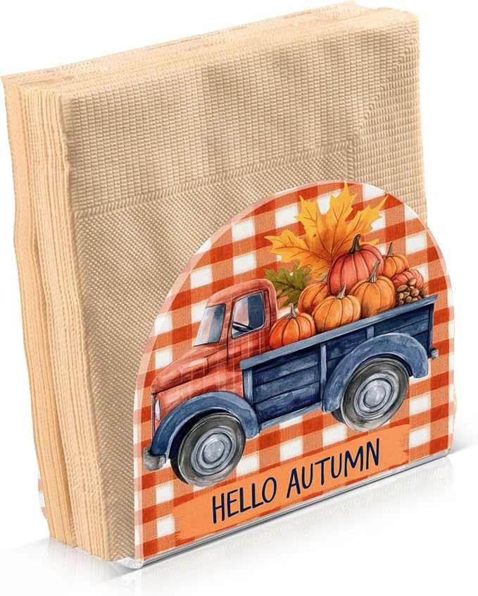 Napkin Holder Acrylic Cocktail Napkin Holder for Table Kitchen Party Restaurant Bar U Shaped Upright Napkin Dispenser Organizer Fall Truck Pumpkins Maple Leaves
