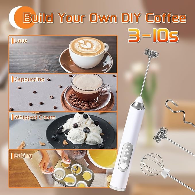 Handheld Milk Frother, 3 Heads ， Milk Frother Rechargeable, 3 Speed Adjustable Coffee Mixer Electric Handheld, Electric Whisk With Stand for Powder Drinks,Rechargeable Frother with Stand