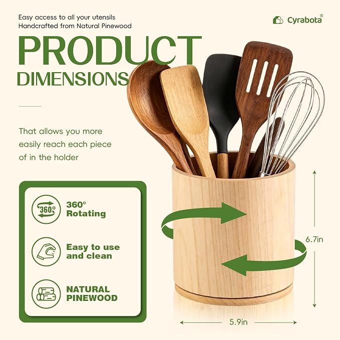 Pine Wood Utensil Holder 360°Rotating Anti-Tip Design for Kitchen Counter,Cooking Utensil Crock for Countertop , Large Utensil Organizer for Spatula (Pine wood)