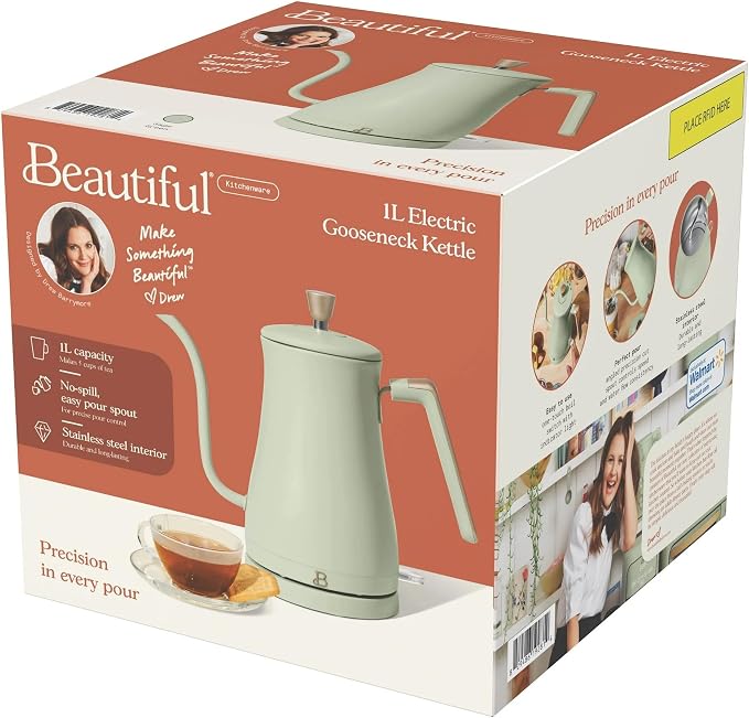 Electric Gooseneck Kettle 1 Liter 1200W Fast Boil with Precision Pour Spout, Stainless Steel Interior, Auto Shut-Off & 360° Swivel Base