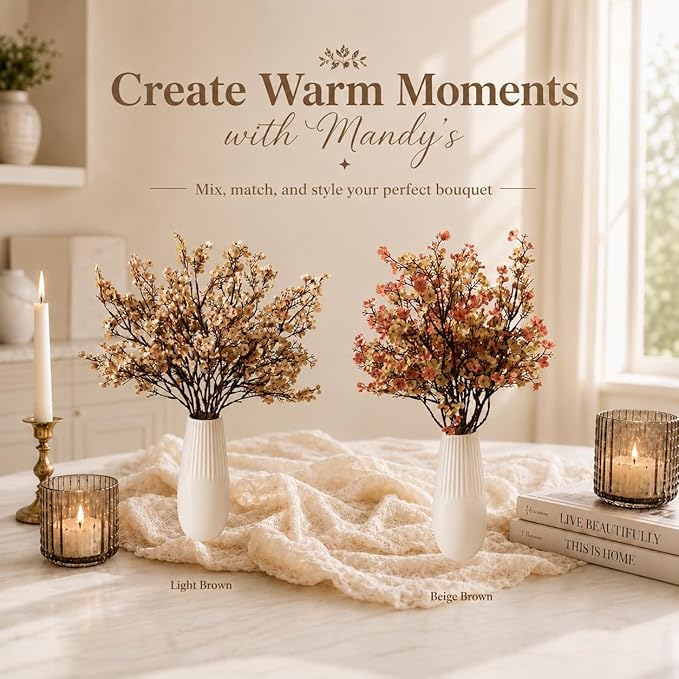 Mandy's Beige Brown Artificial Baby’s Breath Flowers 6 Bundles Silk Gypsophila, 18.5 Inch European Style Modern Home Decor Centerpiece, Neutral Wedding Flower Arrangements