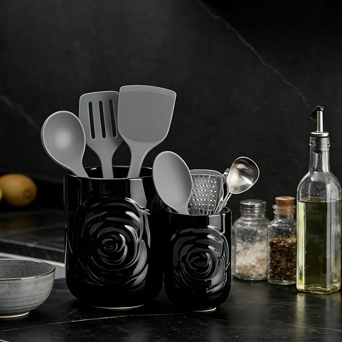 Large Utensil Holder Set of 2, 7.5"+ 5.5" - Ceramic Rose Kitchen Countertop Utensil Crock for Spatulas, Spoons & Cooking Tools, Farmhouse Kitchen Counter Decor, Black
