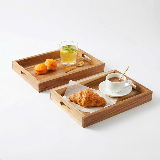 Natural Acacia Wooden Rectangular Serving Tray with Handles, Set of 2 (15"x11" & 13.6"x9.6"), Large Tray for Ottoman, Breakfast in Bed, Dinner, Coffee Table Decor & Kitchen
