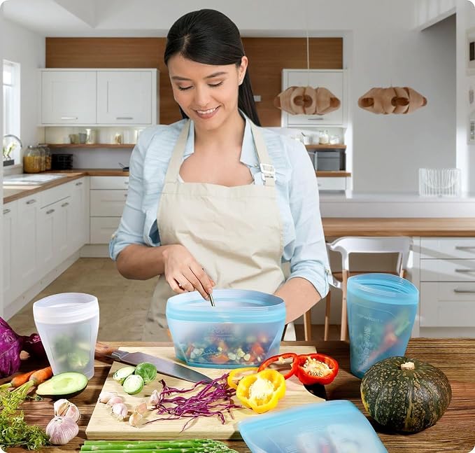 Zip Standing Reusable Silicone Food Storage Bag, Stand Up Food Storage Container, Reusable Zipper seal bag, no lid required, for Food Storage& Meal Prep, Freezer Oven Dishwasher - Safe, Set of 6 Bowls
