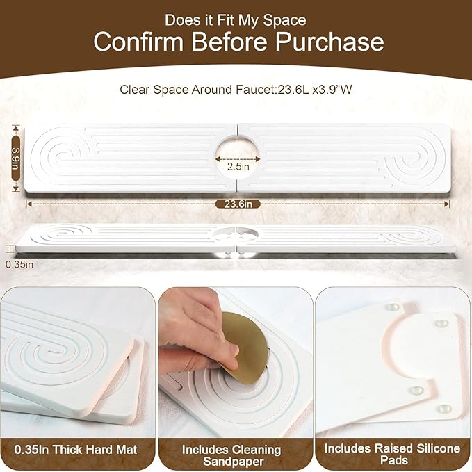 Hopegiver Stone Faucet Mat for Kitchen Sink - Fast Drying Diatomite Sink Protector Prevent Moisture, Super Water Absorbing Stone Tray for Kitchen & Bathroom Counter (White, 23.6"x3.9")