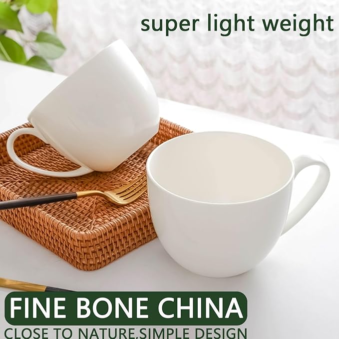 Chulan 22 oz Extra Large White Bone China Cereal Mugs Set of 2, Ceramic Coffee Mug, Latte Mugs Mocha Tea Cup, Jumbo Porcelain Soup Mugs with Big Handle for Desserts Snack, Microwave Dishwasher Safe