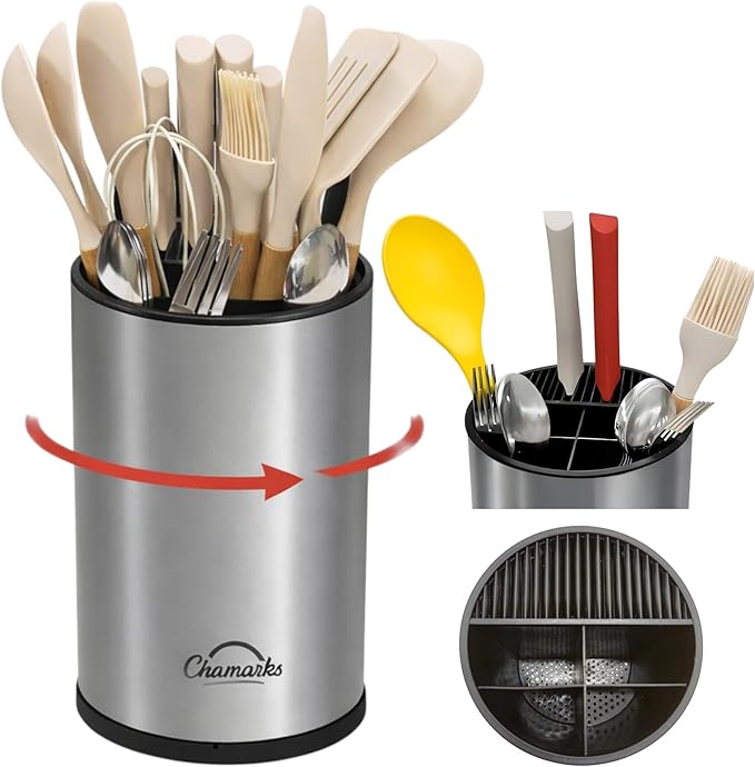 3-in-1 Kitchen Utensil Holder for Countertop with Knife Block and Silverware Caddy. (Gray)