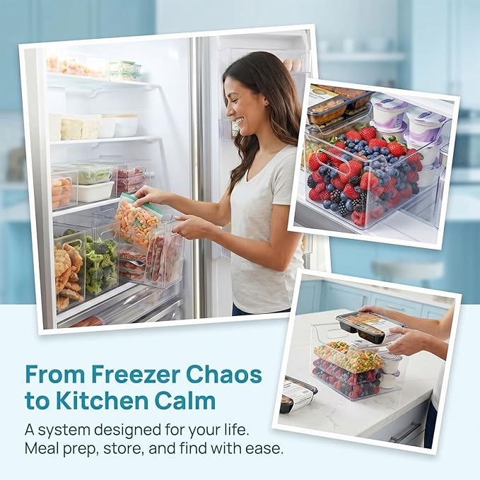 Crystal Clear Freezer Storage Bins, 2026 Upgraded Freezer Drawer Organizer Bins with Handles, Multipurpose Plastic Storage Bins for Refrigerator and Pantry, Easy to(Green,2S)