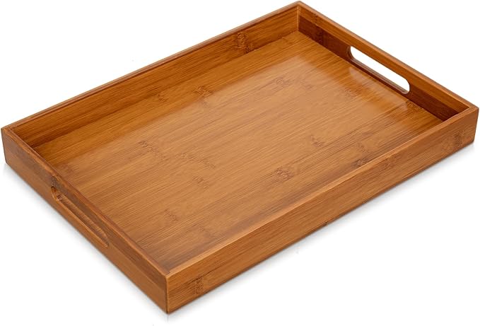 Briful Bamboo Decorative Tray with Handles - 16 x 12 Inch Rectangle Serving Tray for Coffee Table Decor Farmhouse Kitchen Counter Organizer & Bathroom Vanity, Brown