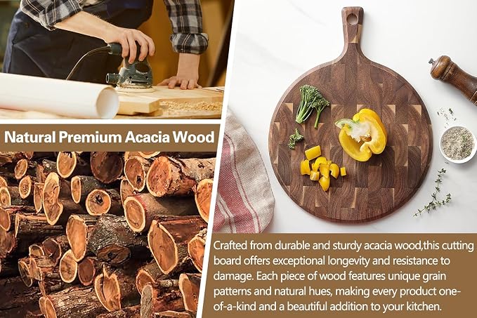 XINZUO Acacia Wood End-Grain Round Cutting Board with Handle for Kitchen Bread Pizza Cheese Fruit Charcuterie Serving Cutting Board, Two-sided Use, 16.7 x 12.5 x 0.75 inches