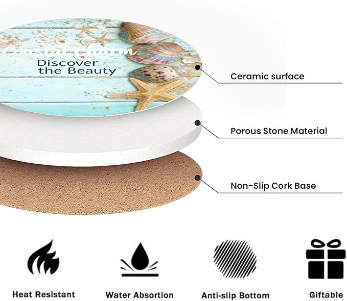 Coastal Charm Light Blue Beach Ceramic Coaster Set of 6 - Coastal Design with Seashells, Starfish & Sand Pattern, Wood Background, Non-Slip Cork Backing, Housewarming Gift