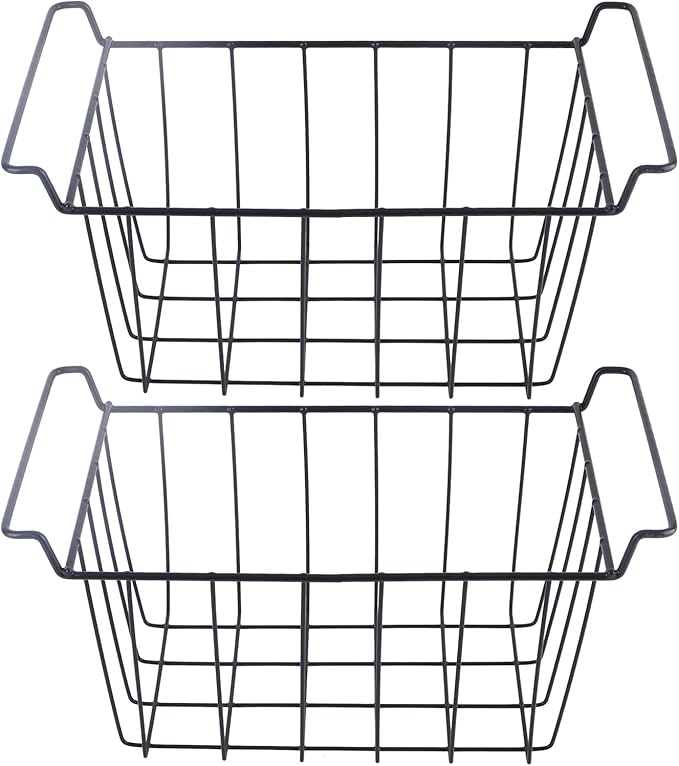 Freezer Wire Storage Basket PE Coated Organizer Bin, 2 Pack Refrigerator Hanging Rack for Shelves, Strong Steel Wire Construction, Easy Access and Maintenance, Replacement (L 39cm X W 20cm X