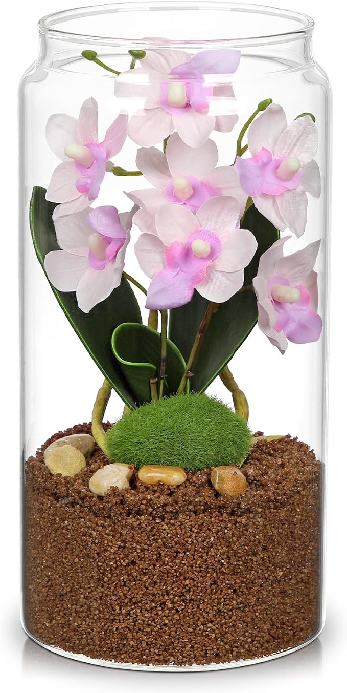 Pink Orchids Artificial Flowers with Vase, Small Faux Orchid Arrangement Fake Orchids Plant in Terrarium Jar Small Pink Orchid Centerpieces for Kitchen Dining Room Tables Bathroom Nightstand Decor