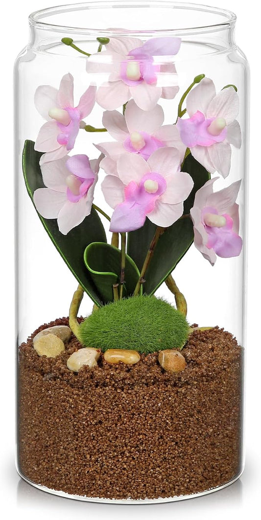 Pink Orchids Artificial Flowers with Vase, Small Faux Orchid Arrangement Fake Orchids Plant in Terrarium Jar Small Pink Orchid Centerpieces for Kitchen Dining Room Tables Bathroom Nightstand Decor