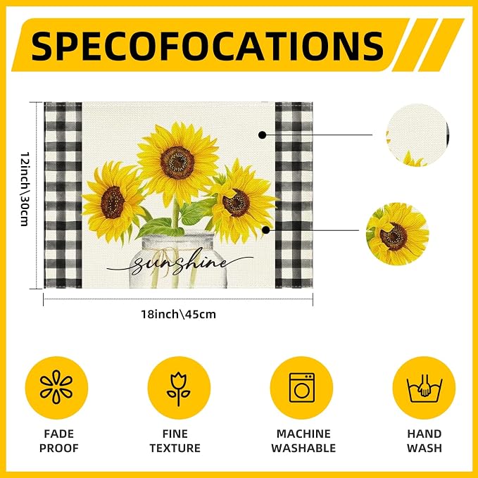 Niviy Sunflower Placemats Set of 4, 12x18 Inch Sunshine Vase Summer Spring Table Mats for Holiday Party Kitchen Dining Room Decoration