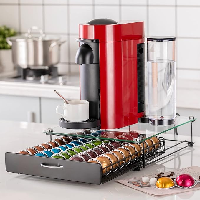 Coffee Vertuo Capsule Holder Drawer for Nespresso With Glass For Cabinet Vertuoline Pod Storage Rack For Counter (Class-50 Pods（With handle）)