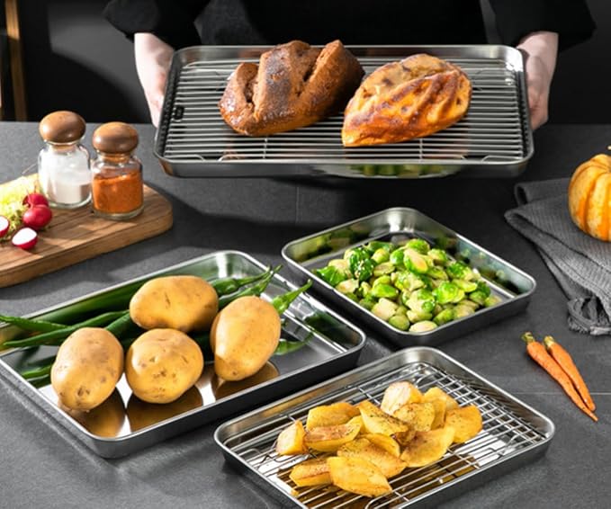 304 Stainless Steel Cooling Rack, Flat Baking Rack for Bread, Roasting, Grilling & More – Dishwasher Safe (Grid Pattern,25×19 cm (9.8×7.5"))