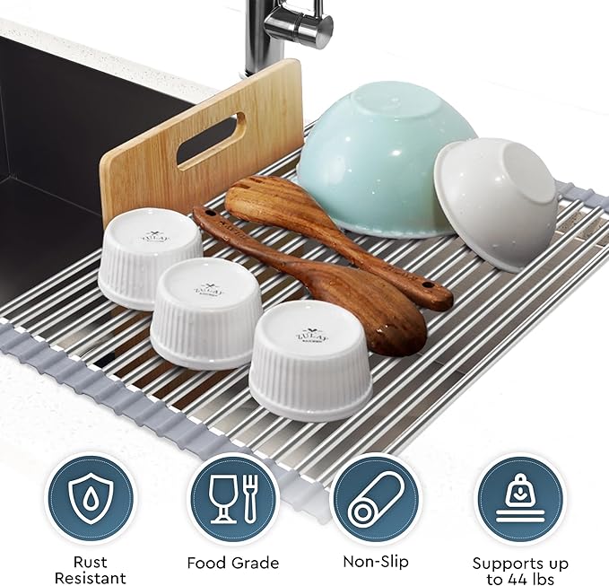 Zulay Kitchen Over The Sink Dish Drying Rack, Roll Up Heavy Duty Stainless Steel Design for Easy Storage & Durability | Dishwasher Safe 17.5” x 12.5