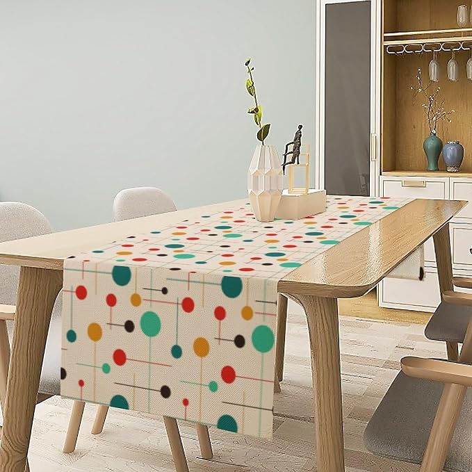 Mid Century Modern Table Runner, 1970s Geometric Pattern Contemporary Style Table Runner Country Farmhouse Cottage Linen Table Decoration for Home Kitchen Dining,13" x70