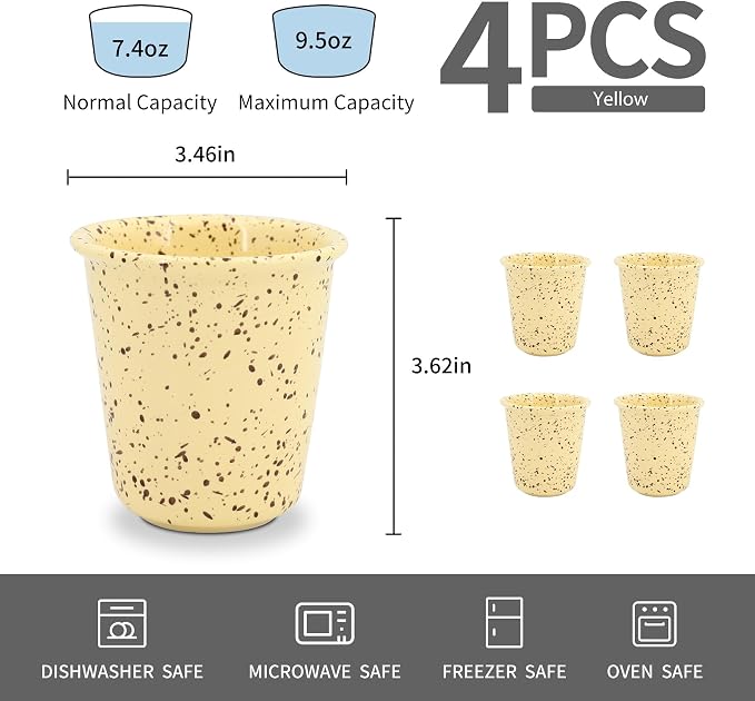 Coffee Mugs 10oz 4-Pack, Coffee Cups Ceramic with No Handle, Stackable, Drip-Free, Lead-Free, Microwave & Dishwasher Safe, Wedding & Housewarming Gift, Yellow