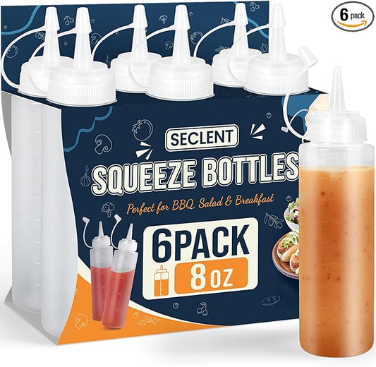 8 oz Squeeze Bottles, Plastic Condiment Squeeze Bottles for Sauces, Ketchup, Squirt Bottle for Dressing, Sauce Bottle for Syrup, Oil, Dressing, Mustard, Pancake Batter - 6 Pack
