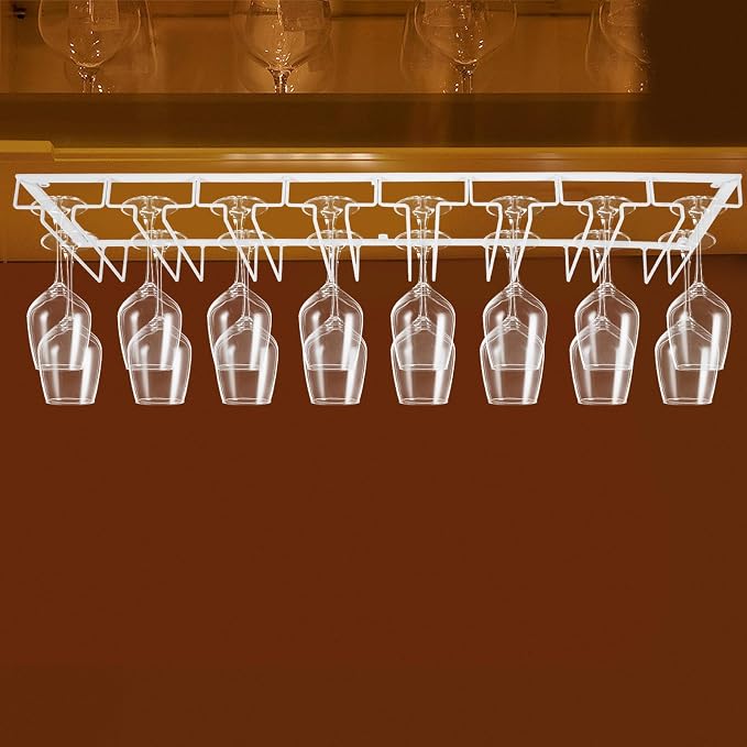 Wine Glass Rack Under Cabinet Max Capacity with 16 Wine Glasses, 8 Row Extreme Large Stemware Hanger, Metal Wine Glass Holder, DIY Bar Glass Storage Rack for Bar Counter, Kitchen(White)