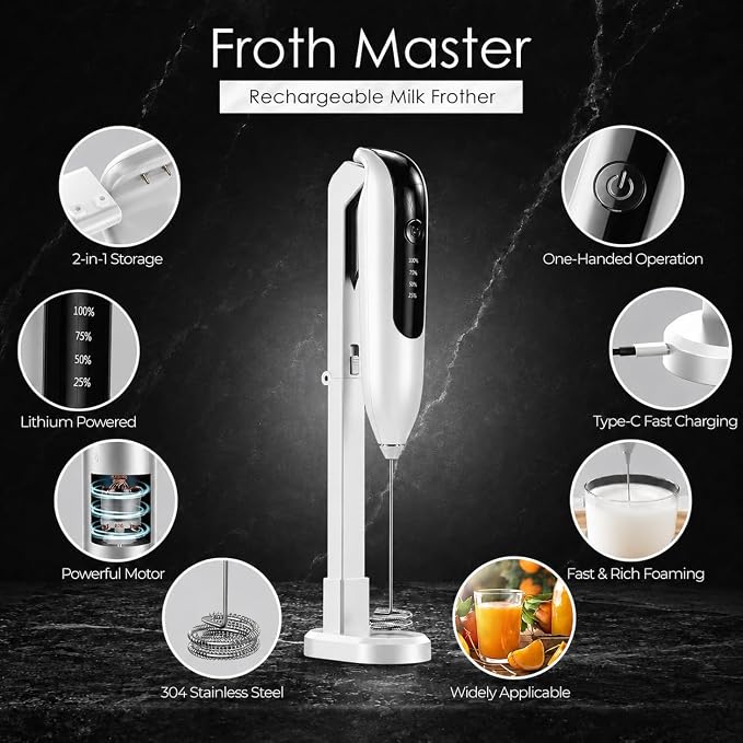 GOCHA Rechargeable Milk Frother, USB-C Electric Milk Foamer Handheld, Double Spring Whisk, 2-Speed Foam Maker for Coffee, Latte, Cappuccino, Matcha, Hot Chocolate, Stand Included (White)