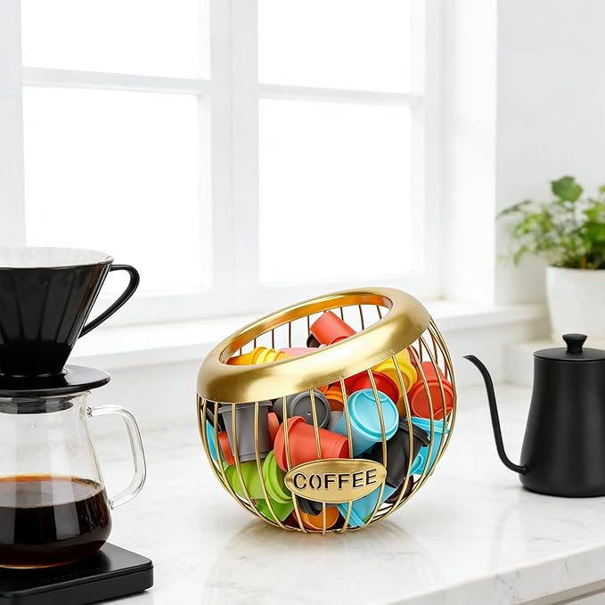 Large Capacity Metal Coffee Pod Holder - K Cups Organizer, Espresso Capsule Storage Basket for Counter & Bar Station Accessories (Golden)