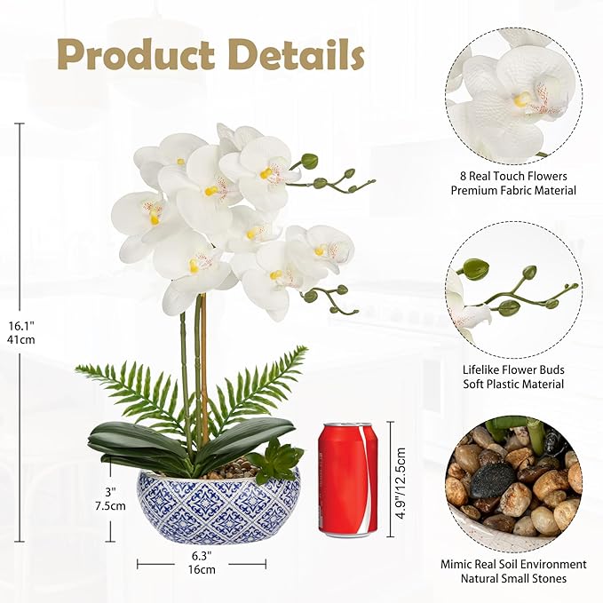 Oairse White Orchids Artificial Flowers in Pot 16.1" Faux Orchids Plant in Blue and White Pot Real Touch Fake Phalaenopsis Flower Arrangement Dinner Table Centerpiece for Dining Room Bathroom Decor